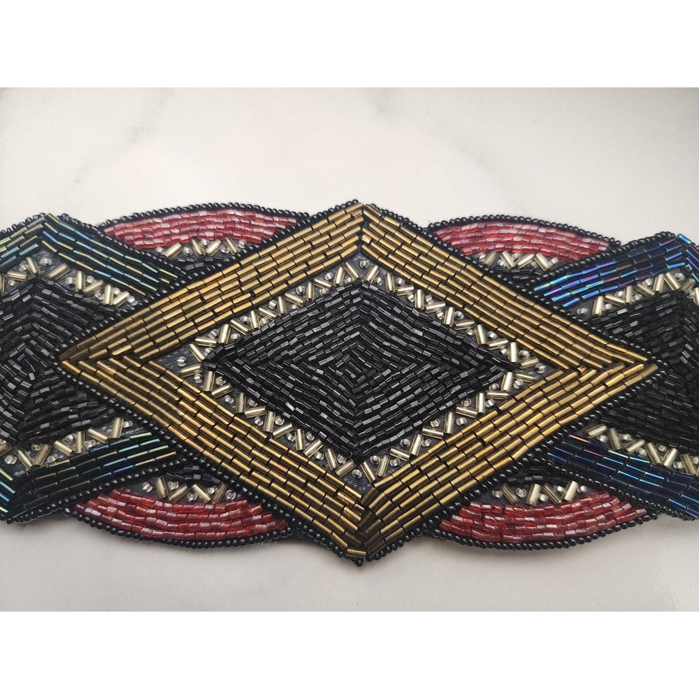 Vintage Magid Beaded Elastic Waist Belt Geometric Diamond Black Gold Red Size M